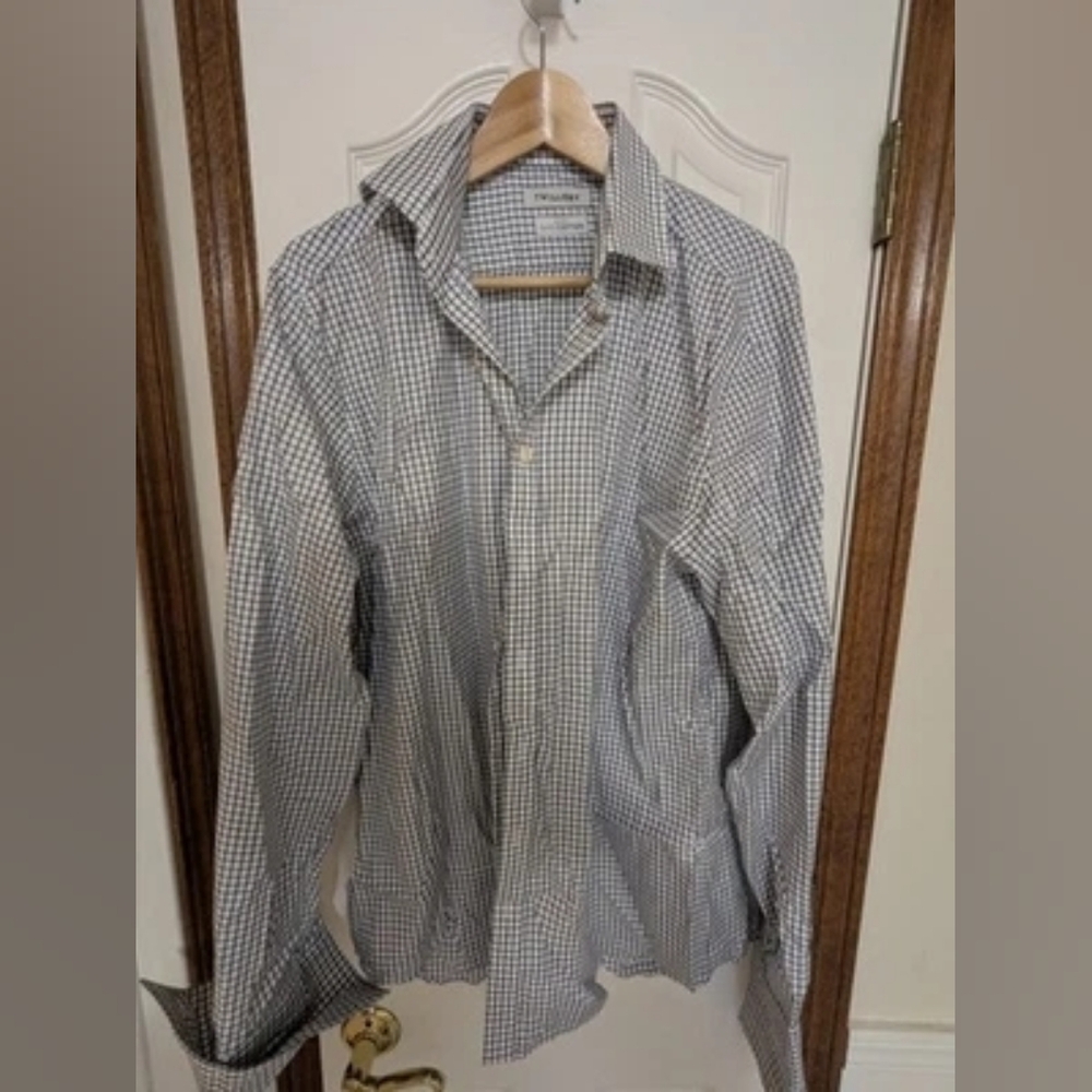 Twillory Shirt Mens 17 36/37 White Blue Tailored Fit Long Sleeve French Cuff